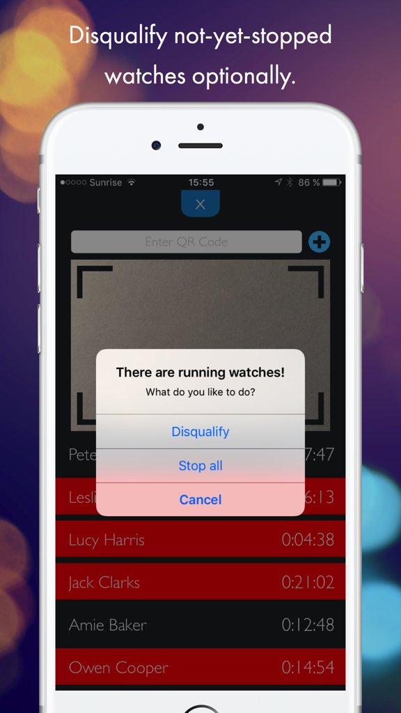 A screenshot of the QR Stopwatch app showing an alert with options to disqualify or stop all running timers for participants like Lucy Harris and Jack Clarks.