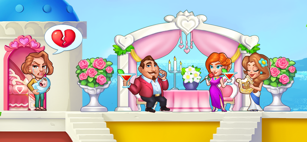 Hotel Fever Tycoon - Una mujer llorando con un bebé junto a una escena de cena romántica junto al mar en Hotel Fever Tycoon