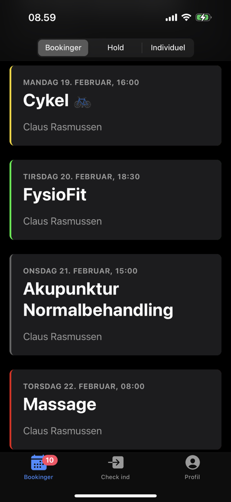 EasyMe - EasyMe mobile app screenshot showing a schedule of fitness and health appointments including cycling and massage.