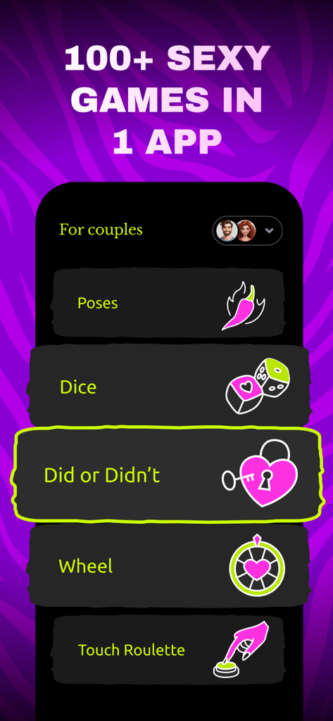 O menu principal do aplicativo Jogos para Casais mostrando uma seleção de atividades, incluindo Poses, Dados e Fez ou Não Fez.