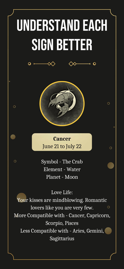 Detailed astrological profile for the Cancer zodiac sign showing symbol element planet and compatibility information.