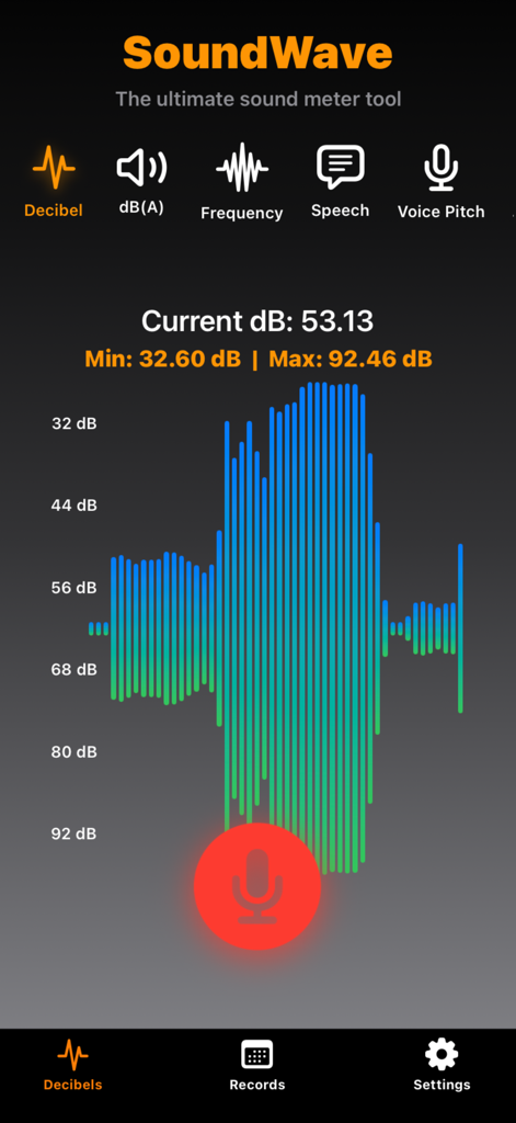 SoundWavesDetector - SoundWavesDetector app decibel meter screen featuring a real-time sound frequency graph and a microphone recording button