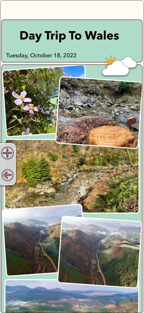 Travel Log App - Entrée de journal de voyage numérique pour une excursion d'une journée au Pays de Galles montrant des photos de nature et la météo