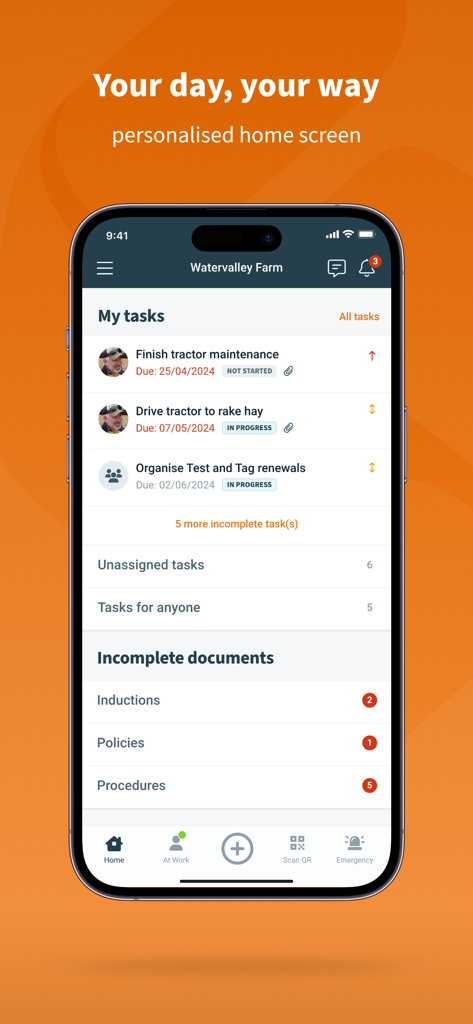 Safe Ag Systems™ - Schermata principale dell'app Safe Ag Systems che mostra le attività agricole e lo stato dei documenti di sicurezza.