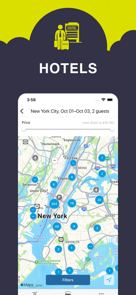 Hotel search map view in the Airways.Sale app for New York City showing price clusters and search filters