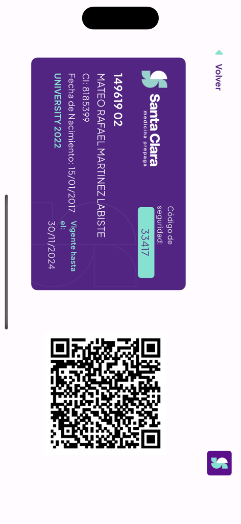 Santa Clara Medicina Prepaga - Tarjeta de identificación digital de miembro de Santa Clara Medicina Prepaga con código QR.