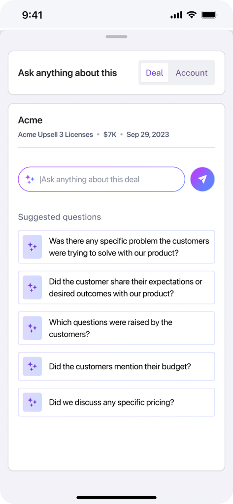 Gong.io - Gong mobile app interface showing AI suggested questions for a sales deal