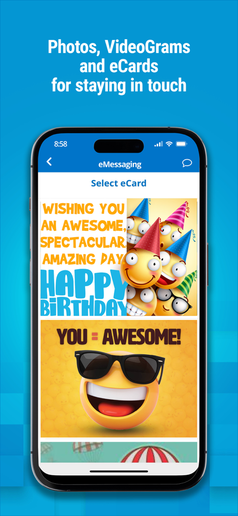 Securus Mobile app interface showing a selection of colorful eCards for messaging
