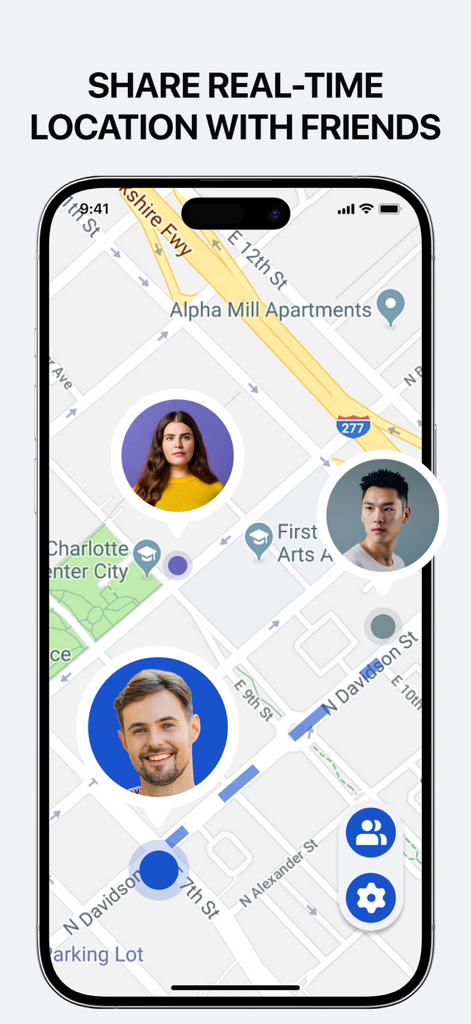 Find My Friends Geo Location - Interface showing real-time location of friends on a map