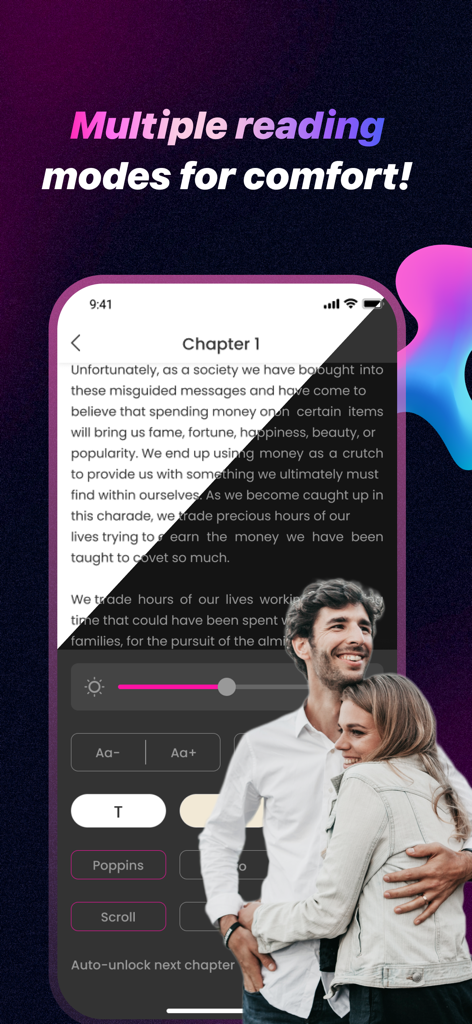 Kikistory - Read Good Novel - Kikistory app interface showing light and dark reading modes with font and brightness customization settings.