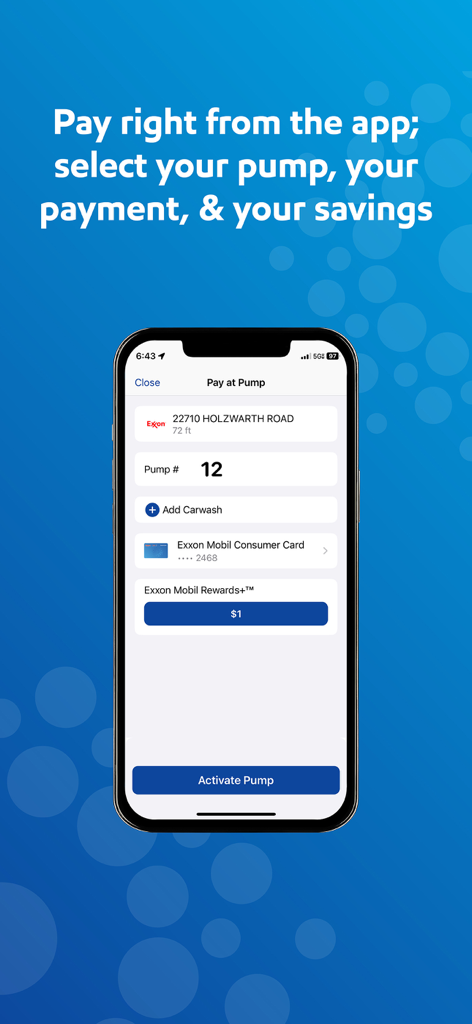Schermata dello smartphone che mostra l'interfaccia dell'app Exxon Mobil Rewards plus per pagare alla pompa e selezionare i premi carburante.