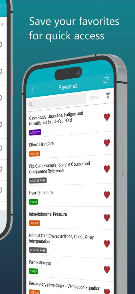 Pediatric Learning Solutions - Pediatric Learning Solutions app favorites screen showing a list of medical job aids and training videos