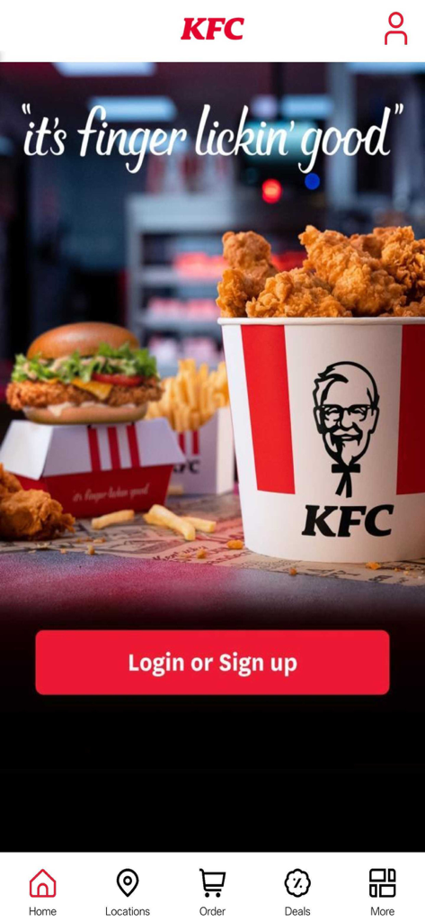 KFC Nederland - Pantalla de inicio de la app de KFC Países Bajos mostrando un cubo de pollo frito y un botón de inicio de sesión