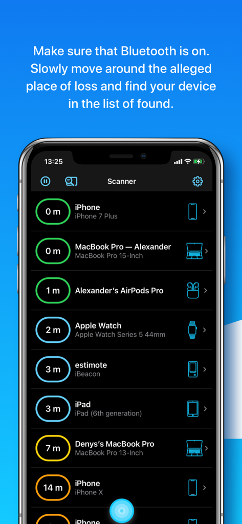 Find Device - bluetooth finder - Interfaz de la aplicación Find Device mostrando una lista de dispositivos Bluetooth cercanos con distancias estimadas en metros
