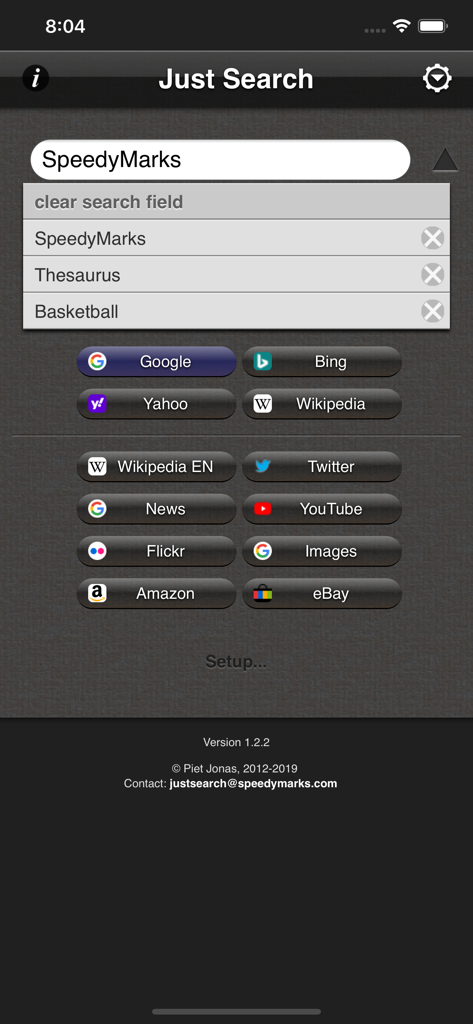 Interface of Just Search app showing a search bar and shortcuts for multiple search engines like Google Bing and Wikipedia
