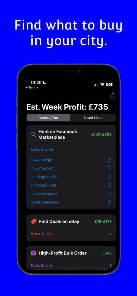 Upas mobile app interface showing weekly reselling profit estimates and curated links for Facebook Marketplace and eBay deals.