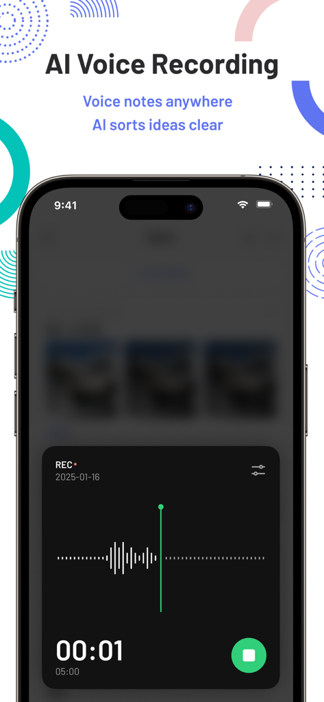 flomo浮墨-极简卡片笔记、轻便签与日记备忘 - Flomo app interface showing the AI voice recording feature with a waveform and timer