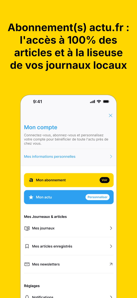 Actu - Schermata dell'account utente dell'app Actu che mostra le opzioni di abbonamento e personalizzazione per le notizie locali francesi