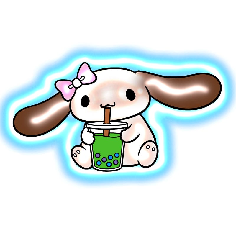 cinnamoroll drinking boba tea with a bow on her his left ear