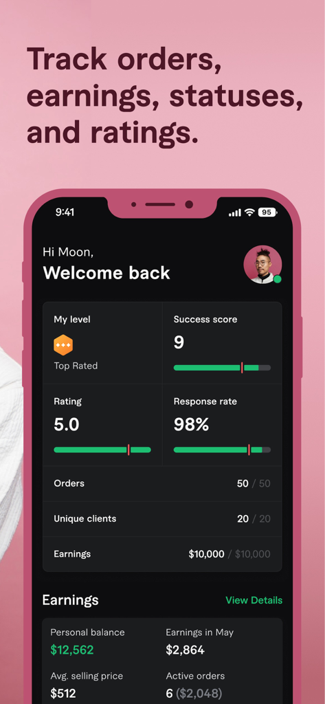 Fiverr app seller dashboard showing earnings, ratings, success score and response rate metrics