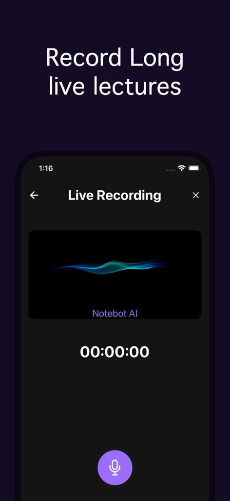Notegpt - Note Taking AI - Notegpt app interface for live lecture recording with a digital waveform and timer
