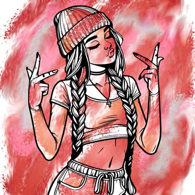realistic teenage girl with braids and a beanie and crop top doing 🫶🏼