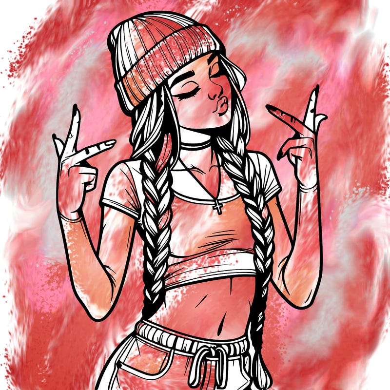 realistic teenage girl with braids and a beanie and crop top doing 🫶🏼