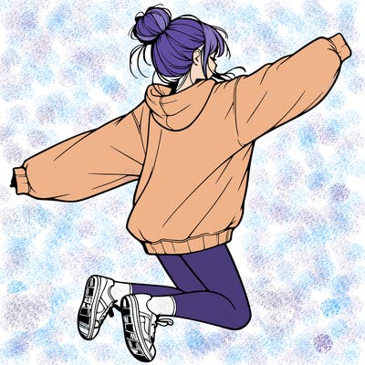 realistic girl jumping with a bun and oversized sweatshirt