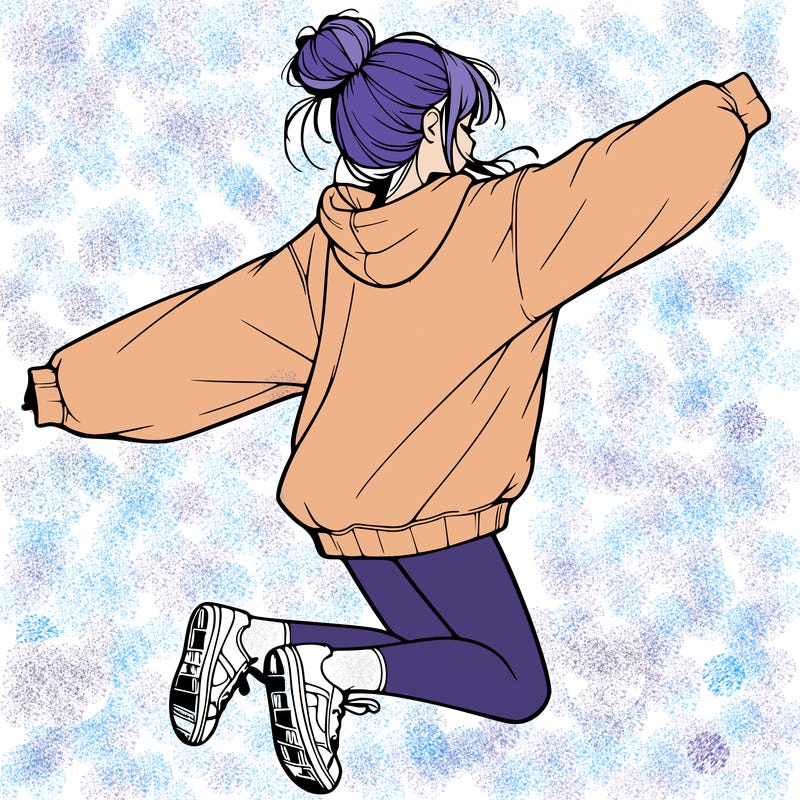 realistic girl jumping with a bun and oversized sweatshirt