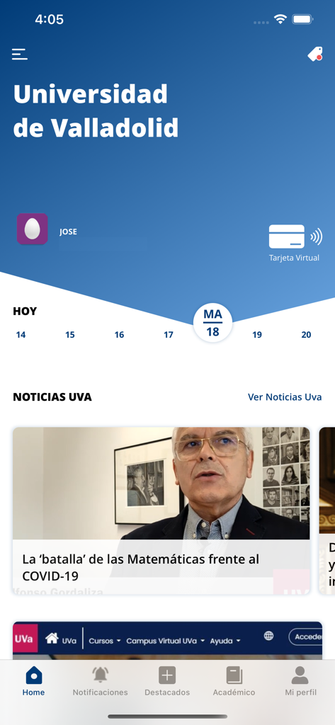 Tela inicial do aplicativo da Universidad de Valladolid mostrando carteirinha virtual e notícias para estudantes.
