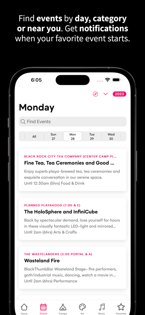 Dust - a guide for burners - Screenshot of the Dust app showing a schedule of Burning Man events for Monday including tea ceremonies and art installations.