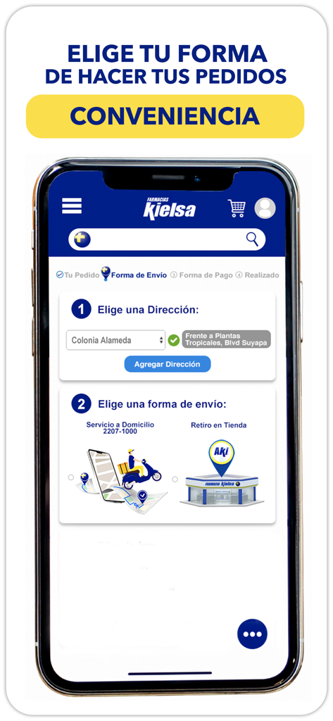 Farmacias Kielsa - Farmacias Kielsa mobile app checkout screen with home delivery and store pickup options