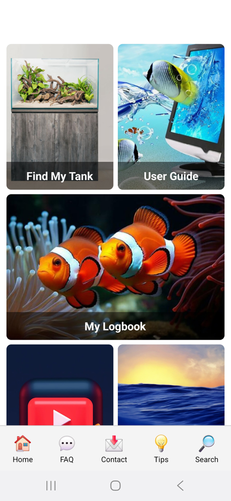 Aqua One - Aqua One mobile app home screen showing features like My Logbook and Find My Tank.