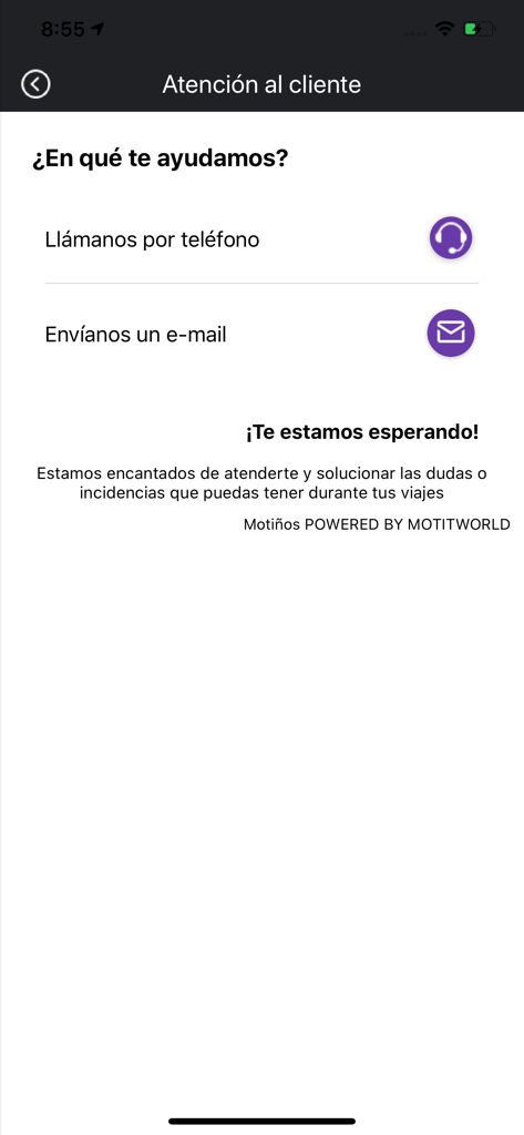 Pantalla de atención al cliente de la aplicación Motinos con opciones de contacto telefónico y por correo electrónico
