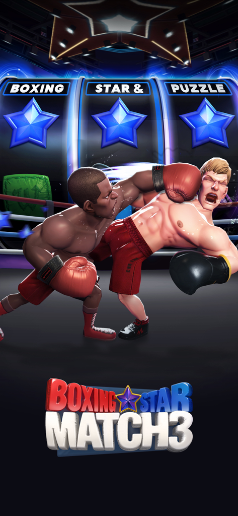 Due pugili animati che combattono in un ring con uno sfondo a tema puzzle match 3