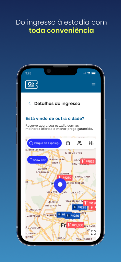 Smartphone screen showing the Q2 Ingressos app with a map interface displaying hotel prices near an event location