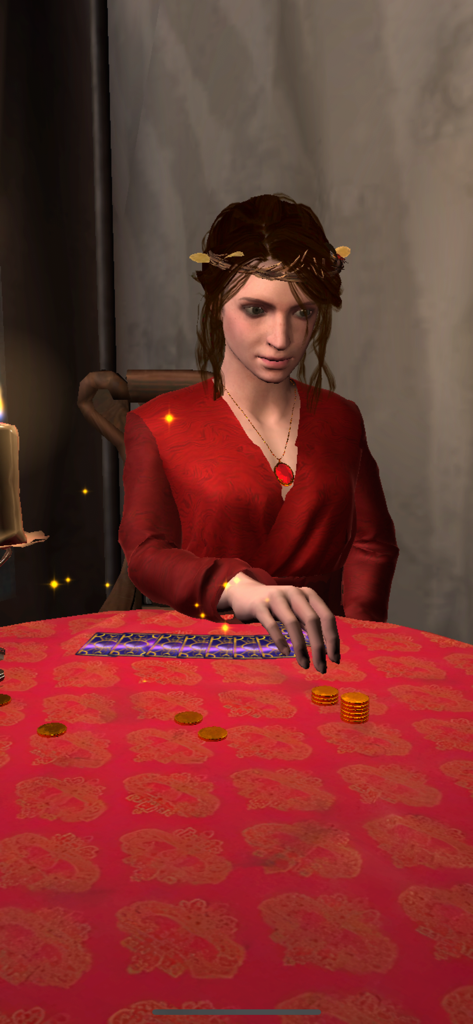 Tarot Reader 3D - Card reading - Un personaje lector de tarot animado en 3D sentado a una mesa con cartas