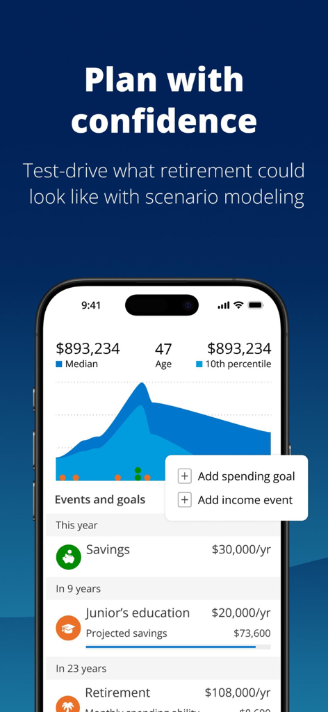 Empower app interface showing retirement planning and financial scenario modeling features