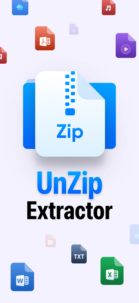 Zip Extractor & RAR Opener App - Ícone do aplicativo UnZip Extractor cercado por vários ícones de formato de arquivo como PDF Word e Excel