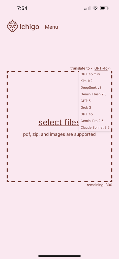 IchigoReader - Translate Manga - Interface of the IchigoReader app showing a file upload area and a selection menu for various AI translation models
