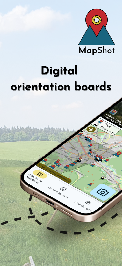 MapShot - Orientation Boards - Smartphone displaying the MapShot app interface with digital orientation boards over a scenic green landscape