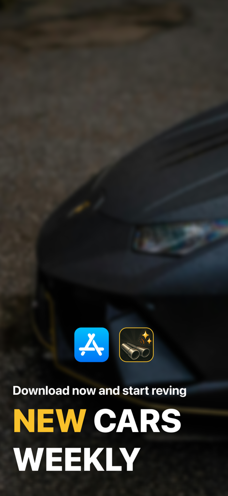 Car Sounds Simulator - RevIt - Promotional screen for RevIt Car Sounds Simulator app featuring new cars weekly text and a supercar