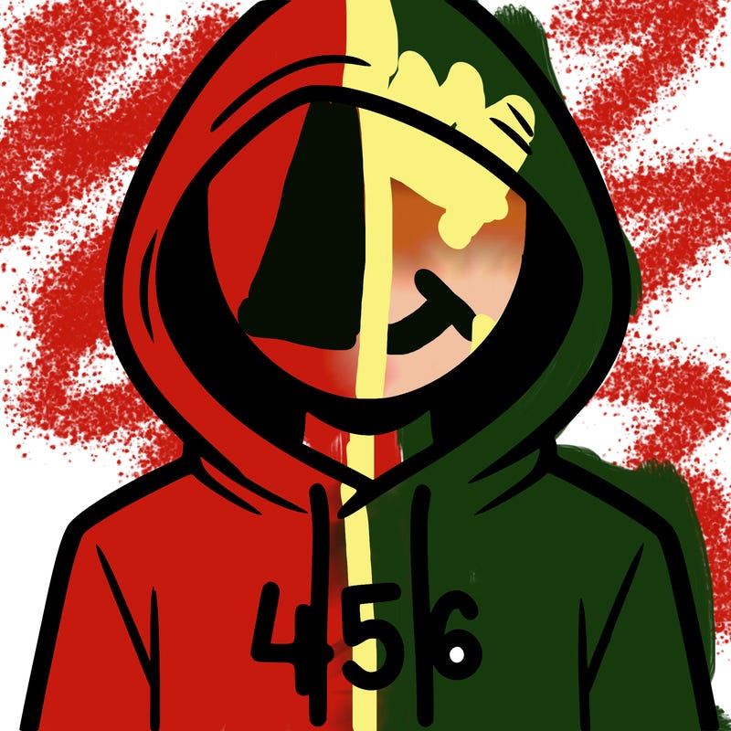 a person with non face waering a hoodie with a 456 symbol