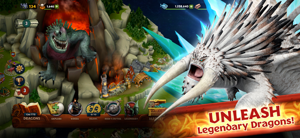 Dragons: Rise of Berk - A screenshot of Dragons Rise of Berk featuring legendary dragons Bewilderbeast and Green Death