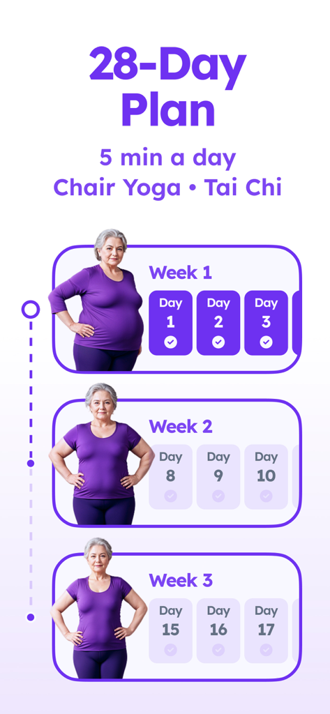 Plan de entrenamiento de 28 días para yoga en silla y tai chi para personas mayores