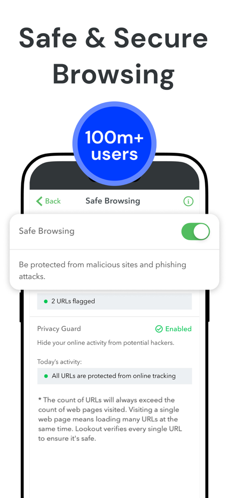 Interface of F-Secure Mobile Security showing safe browsing and privacy guard features enabled