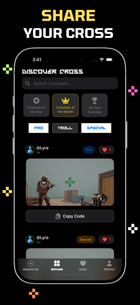 A mobile app screen titled Discover Cross showing various custom gaming crosshair designs shared by users