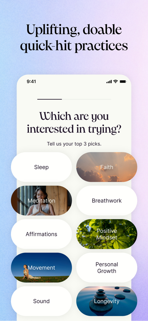 Joy 101 - Joy 101アプリのオンボーディング画面、瞑想や睡眠などのウェルネスの興味を選択