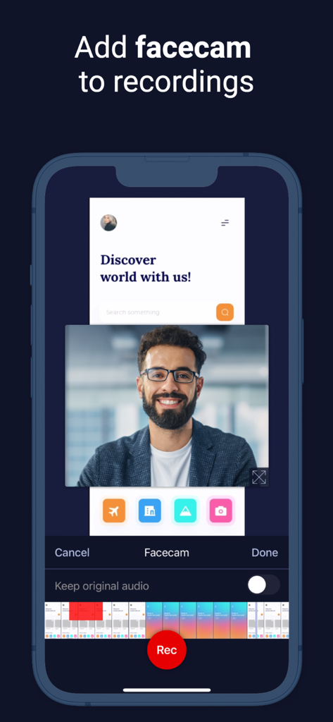 ScreenPal Screen Recorder - Interfaz de la aplicación ScreenPal mostrando una grabación de pantalla móvil con una superposición de facecam flotante