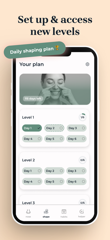 Nose Glow Up: AI Face Yoga - Interface do aplicativo Nose Glow Up mostrando um plano de modelagem diário com níveis progressivos para exercícios de yoga facial
